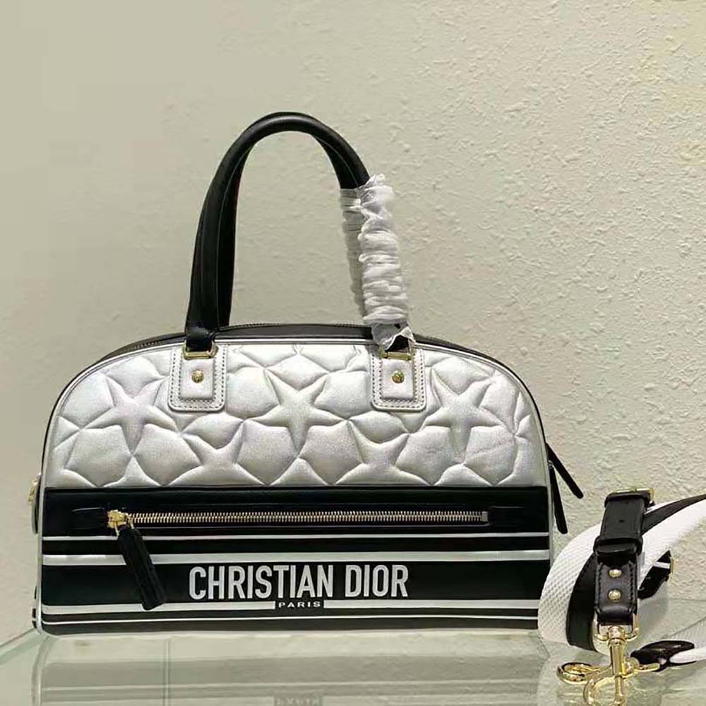 TÚI Dior Women Medium Dior Vibe Zip Bowling Bag Black and Silver Padded Dior etoile Calfskin
