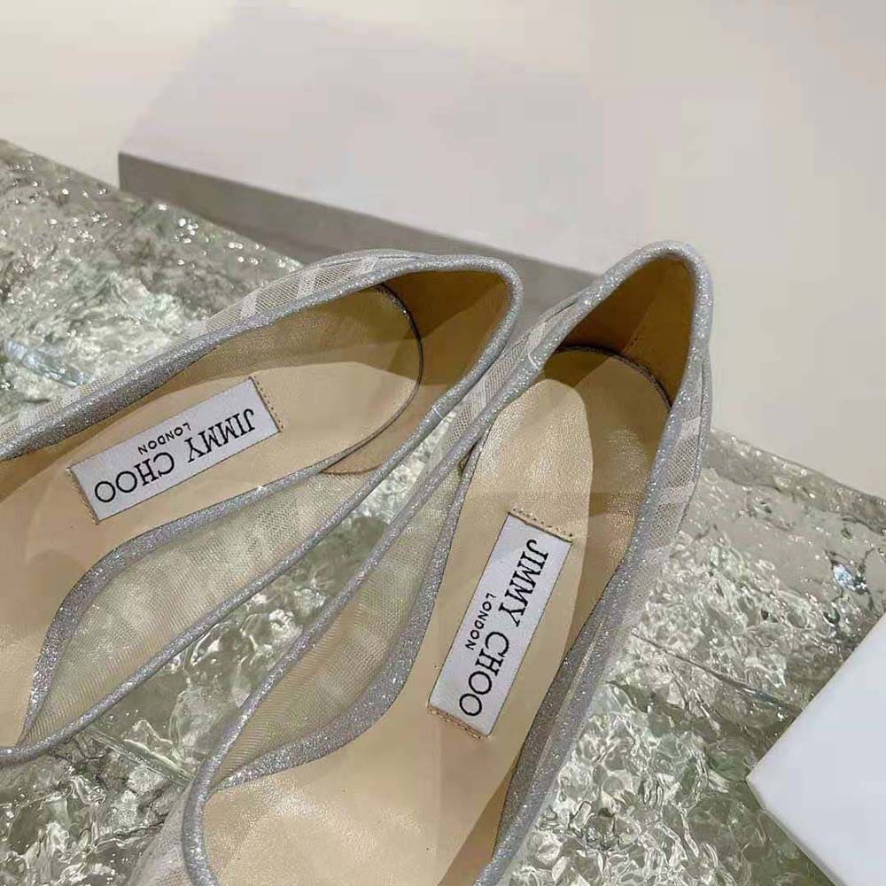 GIÀY Jimmy Choo Women Love 100 Metallic Silver Glitter Fabric Pumps with Ivory Tulle Overlay