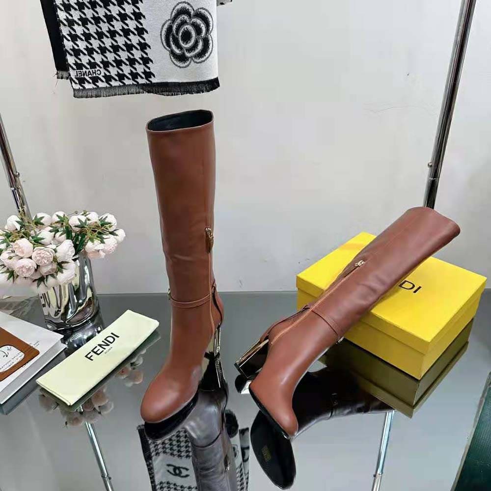 GIÀY Fendi Women Delfina Leather High-heeled Boots-Brown