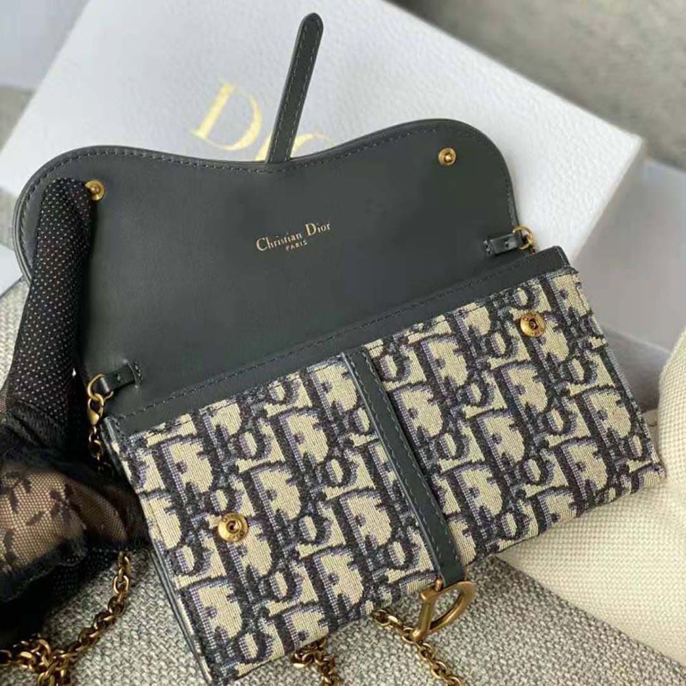 TÚI Dior Women Long Saddle Wallet with Chain Blue Dior Oblique Jacquard