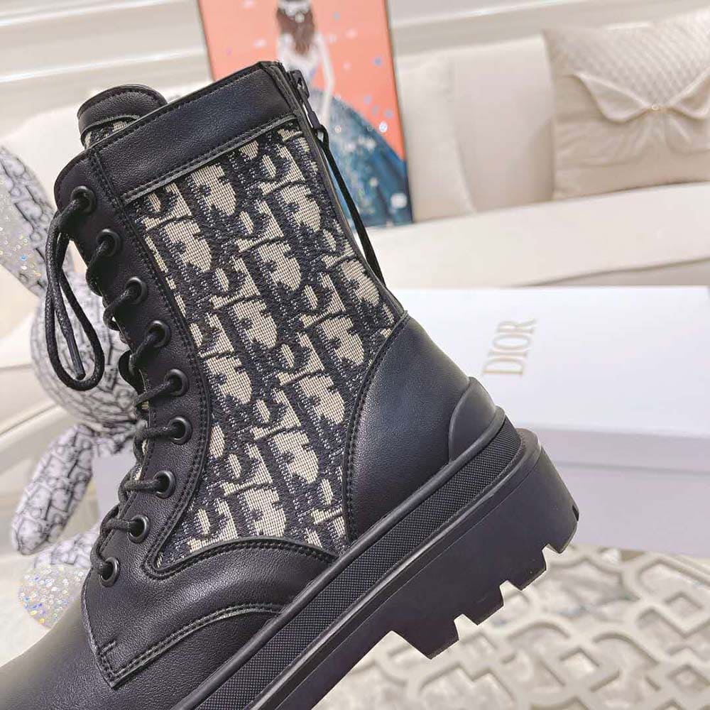 GIÀY DIOR Explorer Ankle Boot Beige and Black Dior Oblique Jacquard and Black Smooth Calfskin