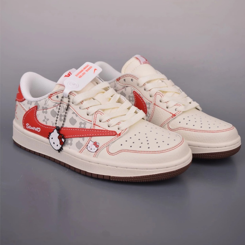 GIÀY TRAVIS SCOTT X LOUIS VUITTON HELLO KITTY 1 LOW BEIGE WHITE RED TOP QUALITY SHOES AAA