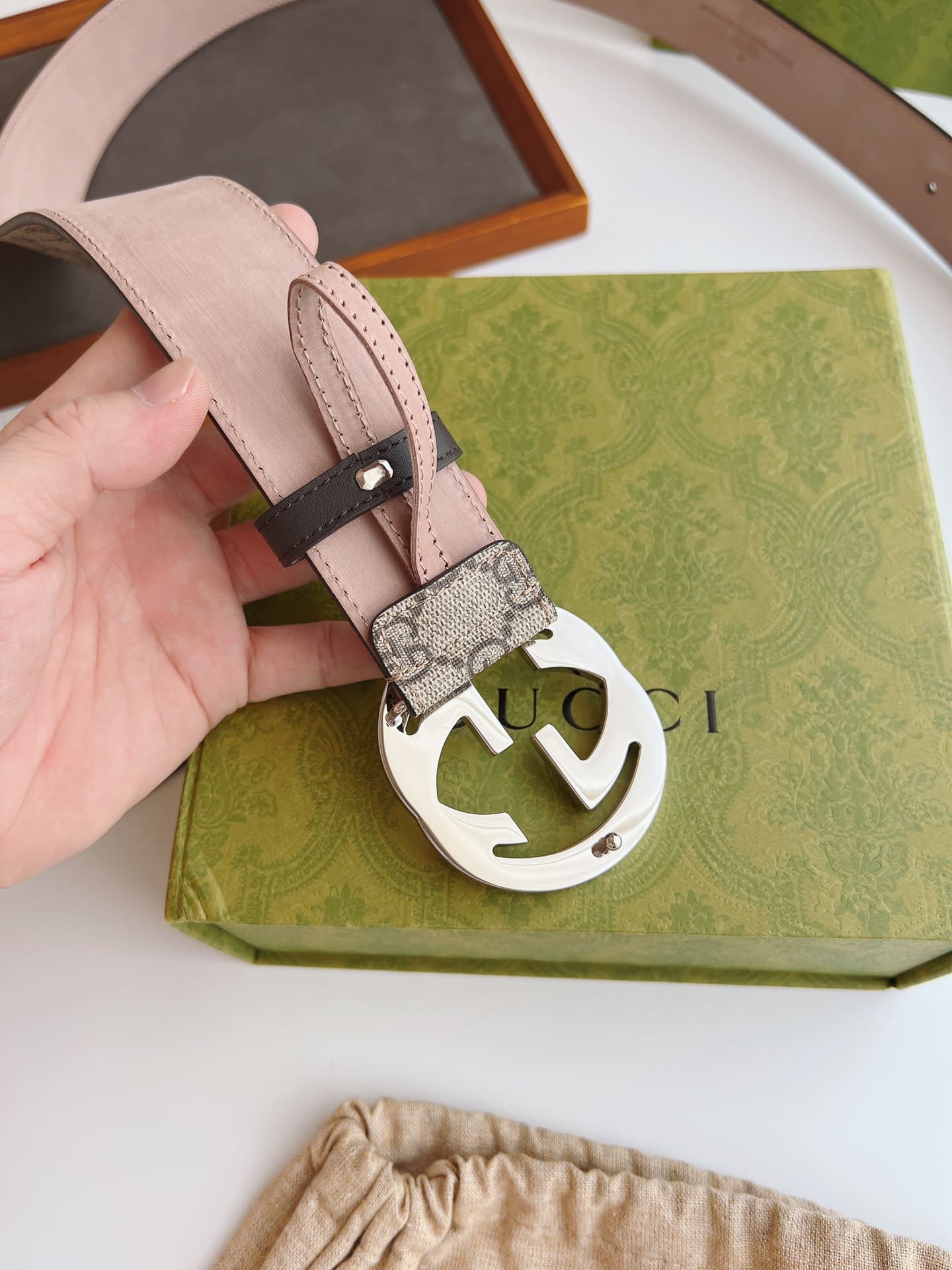 DÂY LƯNG GUCCI GG BROWN CANVAS LEATHER Khóa bạc