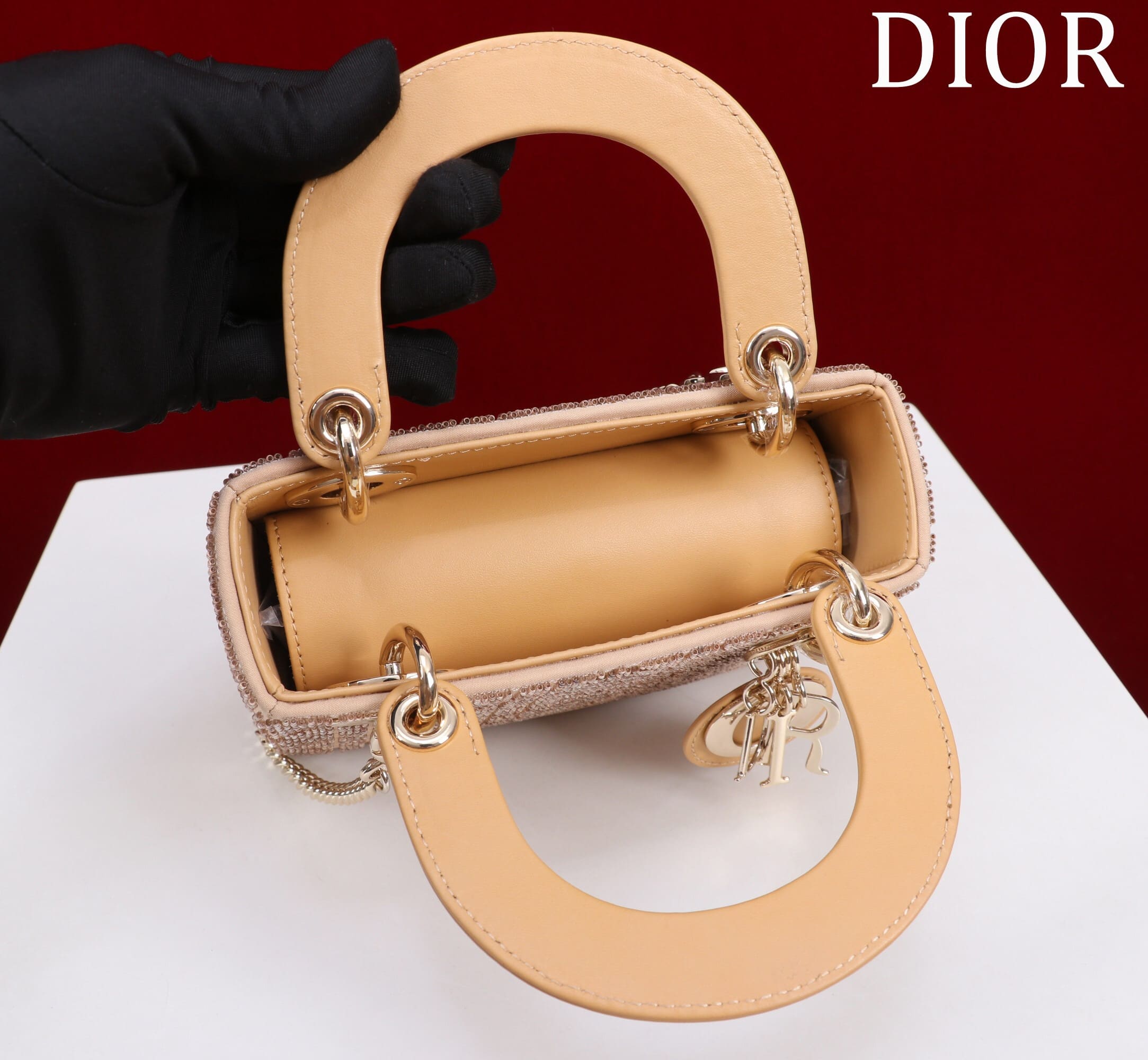 TÚI CHRISTIAN DIOR LADY DIOR Cannage Calfskin with Platinum Beaded Embroidery Brown