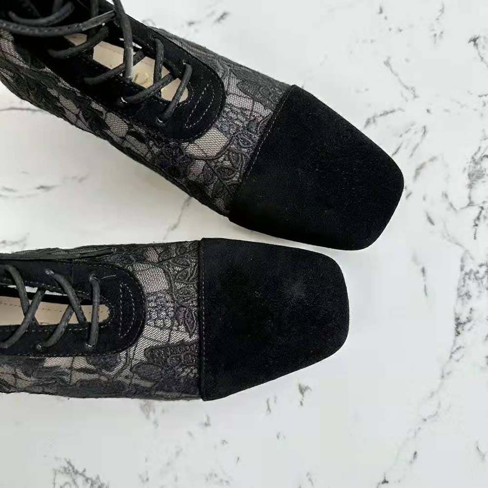 GIÀY Dior Women Naughtily-d Ankle Boot Black Transparent Mesh and Suede Embroidered