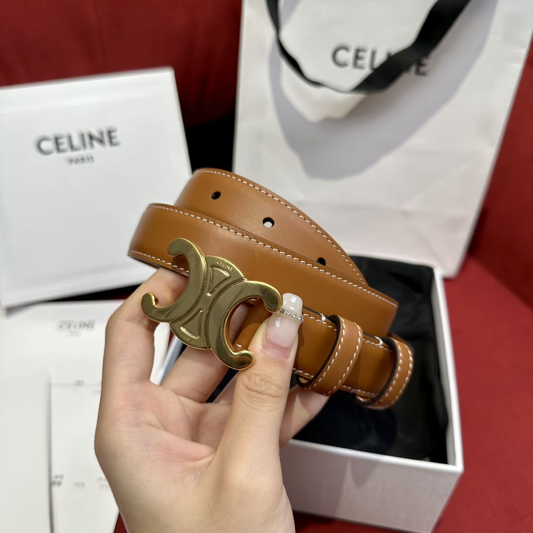 DÂY LƯNG CELINE TRIOMPHE Brown Calfskin and Gold Buckle