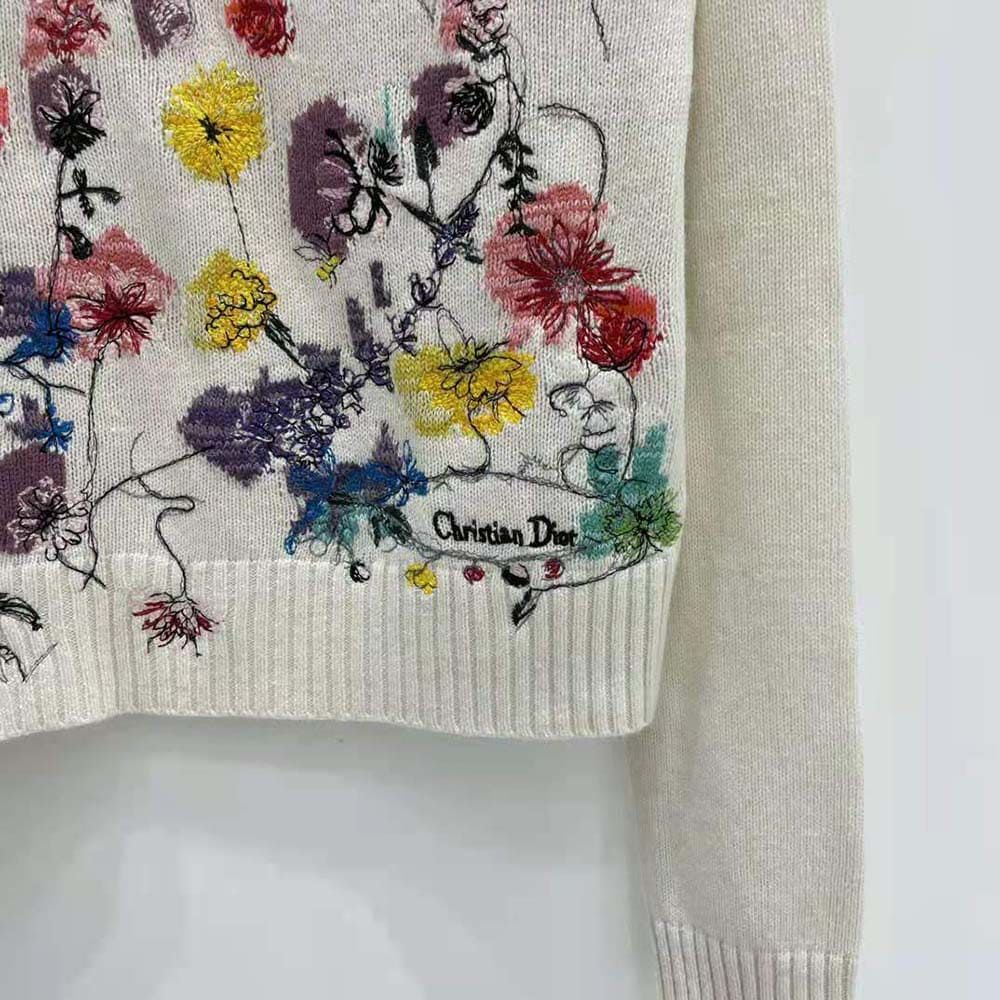 ÁO Dior Women Embroidered Sweater White Cashmere Knit with Red Multicolor Florilegio Motif