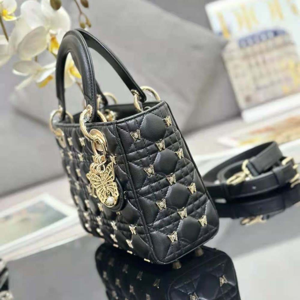 TÚI Dior Women Small Lady Dior Bag Black Cannage Lambskin with Gold-Finish Butterfly Studs