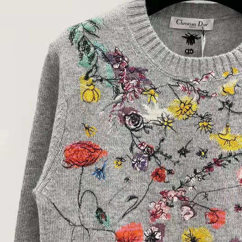 ÁO Dior Women Embroidered Sweater Gray Cashmere Knit with Red Multicolor Florilegio Motif