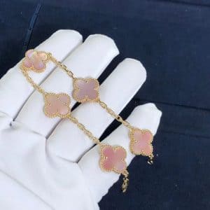 Vòng tay vàng vàng 18k Alhambra 5 họa tiết bằng xà cừ hồng Van Cleef & Arpels cổ điển 18K  (Liên hệ để biết giá)