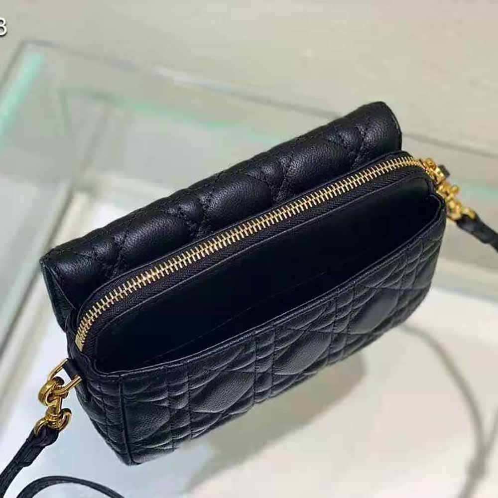 TÚI Dior Women Caro Pouch with Chain Black Supple Cannage Calfskin