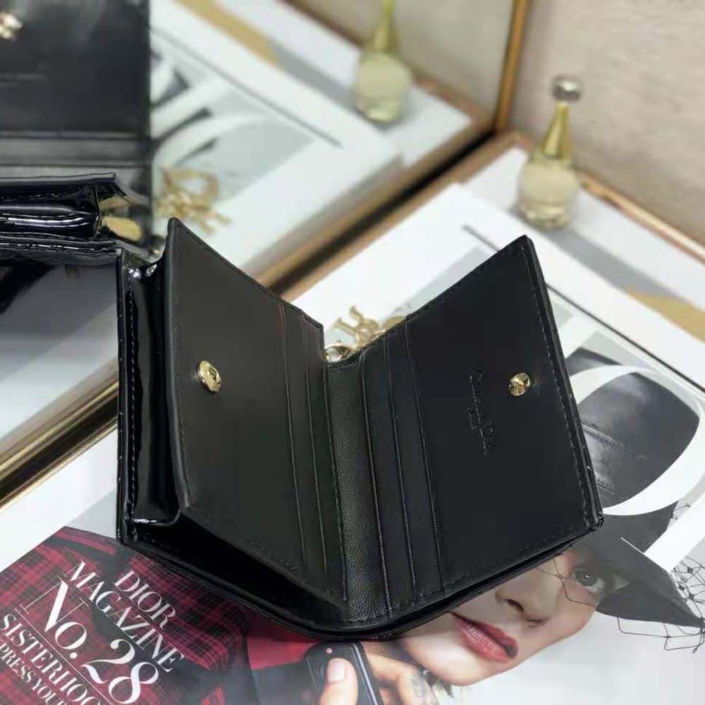 Ví Dior Women Mini Lady Dior Wallet Patent Cannage Calfskin-Black
