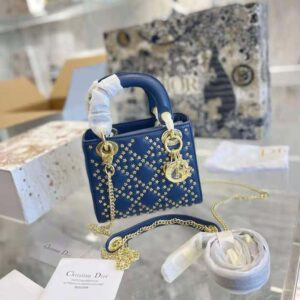TÚI Dior Women Mini Lady Dior Bag Denim Blue Lucky Star Cannage Lambskin