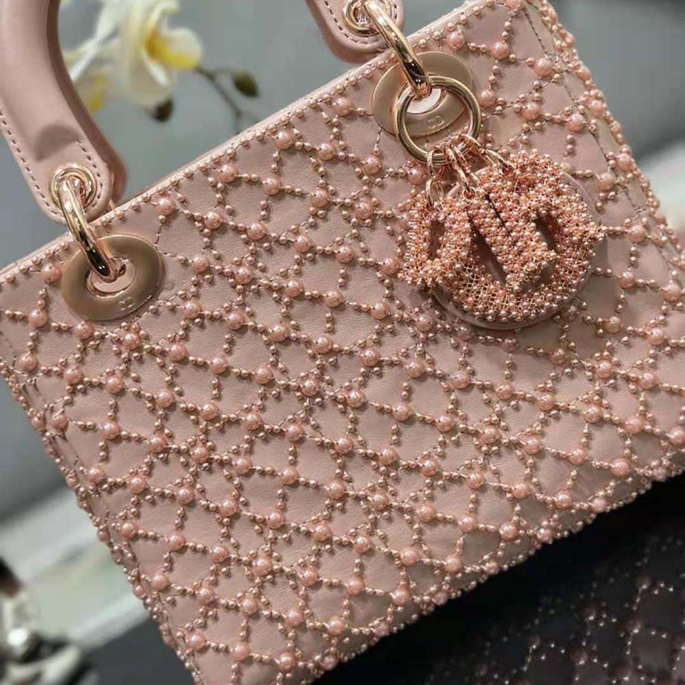 TÚI Dior Women Small Lady Dior Bag Rose Des Vents Cannage Calfskin Embroidered with Resin Pearls
