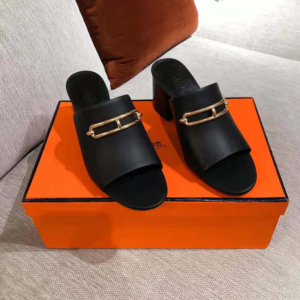 GIÀY Hermes Women Camilla Mule High Heel Mule in Calfskin-Black SS2022