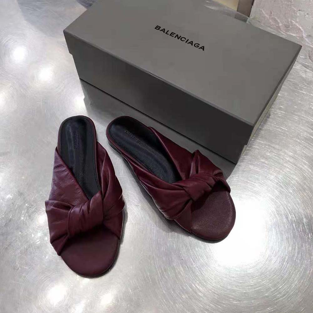 DÉP Balenciaga Women Drapy Flat Sandal in Dark Red Smooth Nappa Lambskin