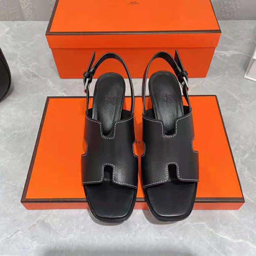 GIÀY Hermes Women Elbe 60 Sandal in Calfskin with H Cut-Out Detail-Black SS2022