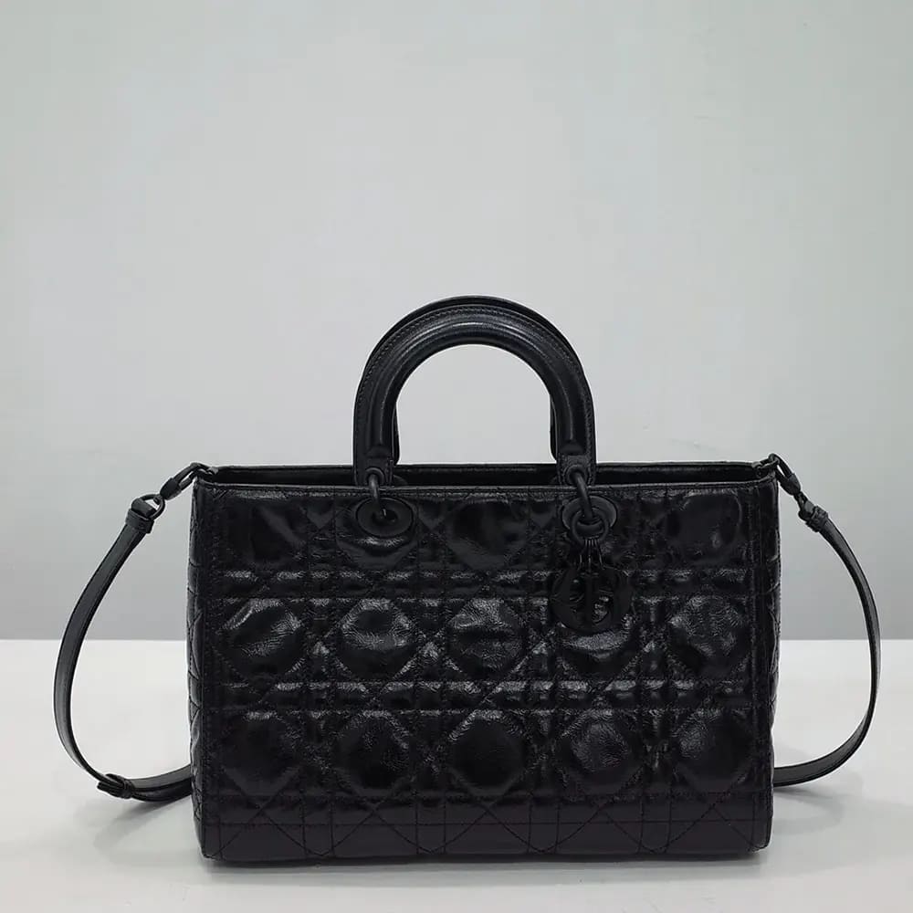 TÚI DIOR Women Large Lady D-Sire Bag Black Macrocannage Crinkled Calfskin