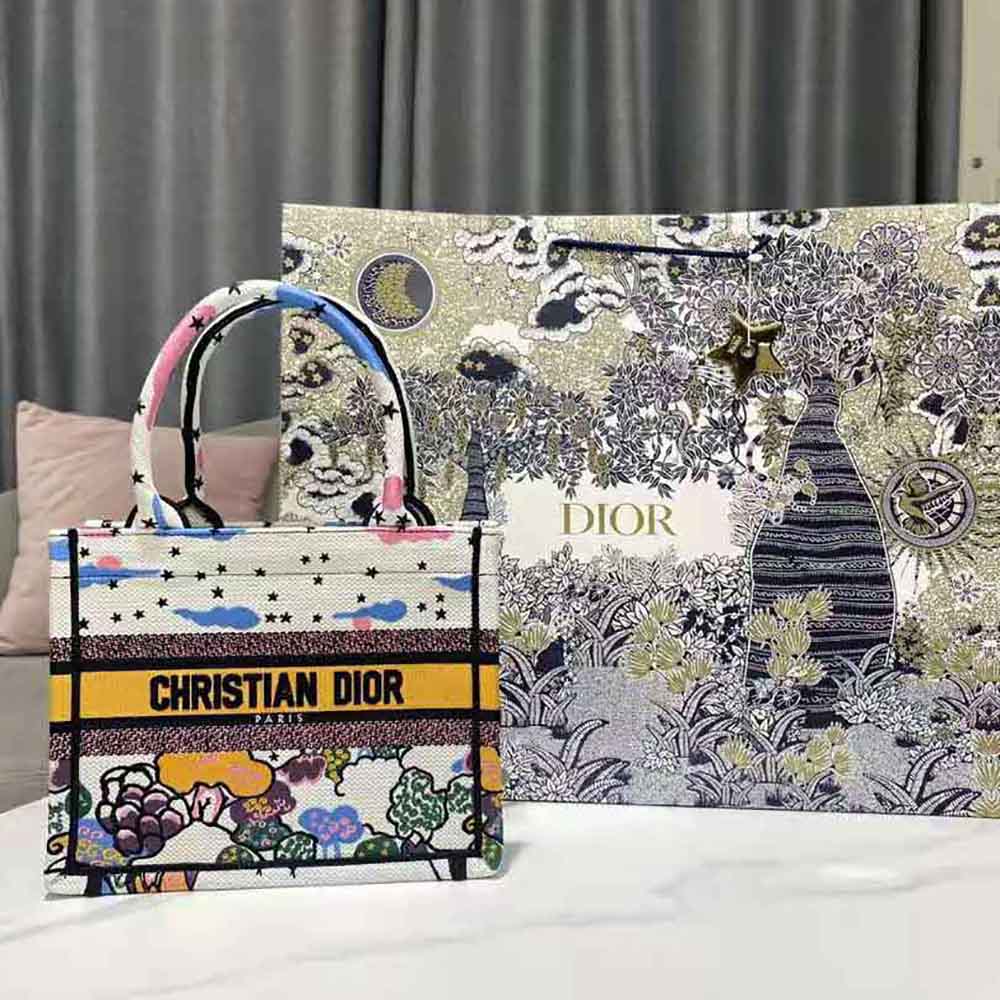 TÚI Dior Women Small Dior Book Tote Latte Dior Ciel de Rêve Embroidery