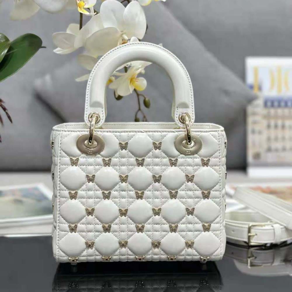 TÚI Dior Women Small Lady Dior Bag White Cannage Lambskin with Gold-Finish Butterfly Studs