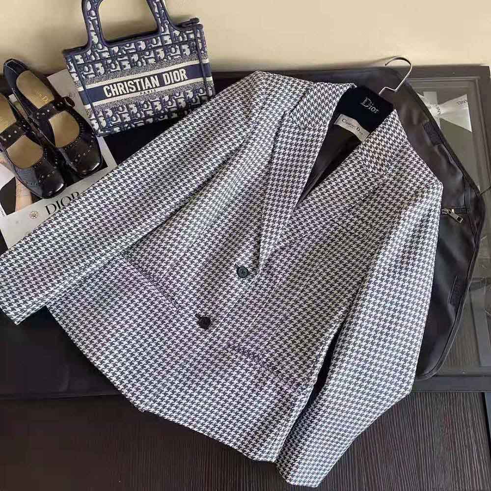 ÁO Dior Women Fitted Jacket Black and White Wool Twill and Silk with Micro Houndstooth Motif