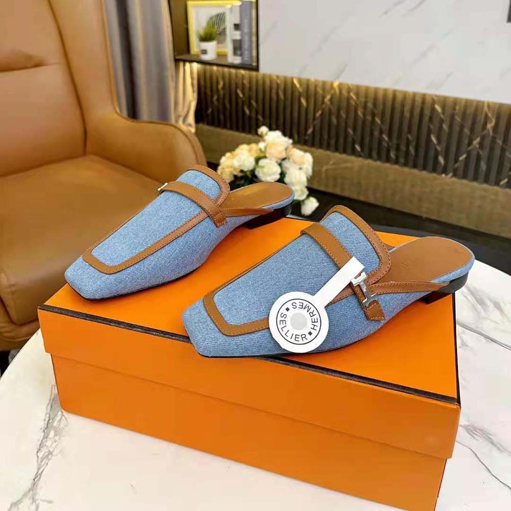 GIÀY Hermes Women in H Canvas and Calfskin-Brown