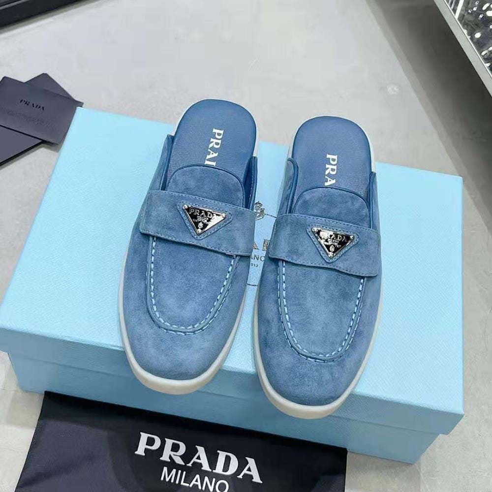 GIÀY PRADA Suede Sabots with the Enameled Metal Triangle Logo