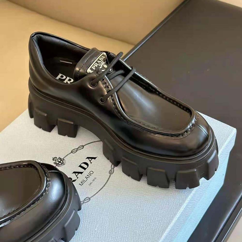 GIÀY Prada Women Monolith Brushed Leather Lace-up Shoes-Black