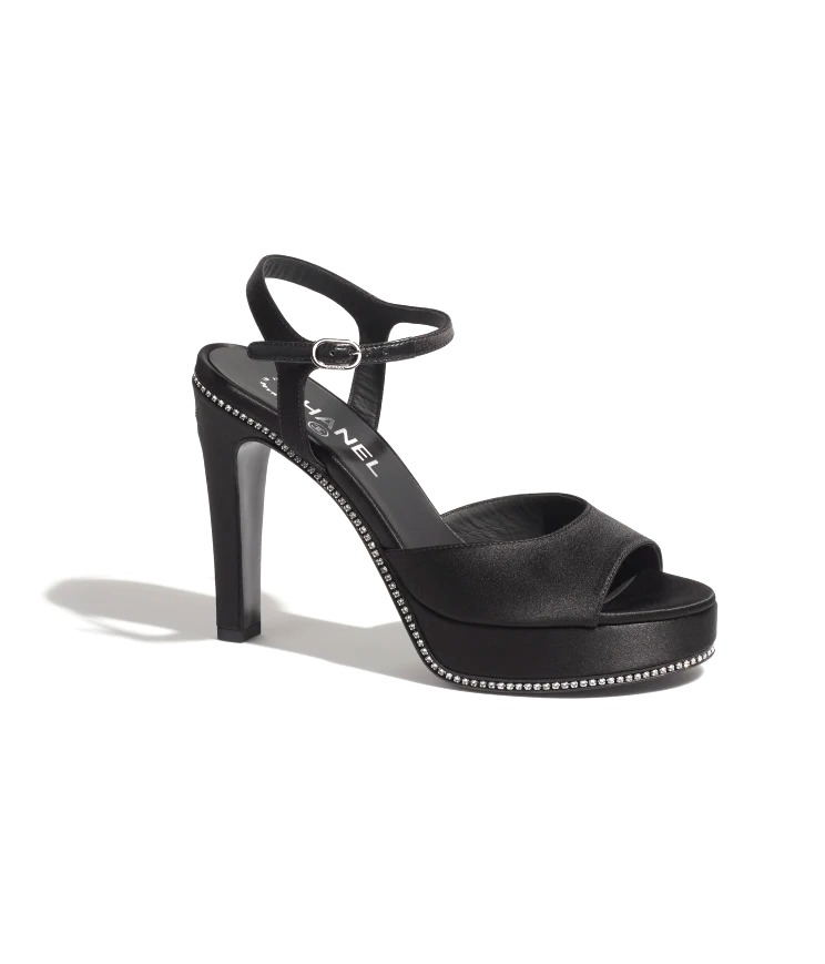 GIÀY SANDAL CHANEL BLACK SATIN STONES ĐEN VÀ HẠT ĐÁ 115MM