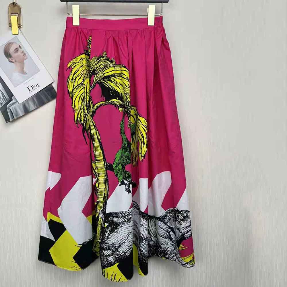 Chân váy Dior Mid-Length Pleated Skirt Pink Cotton Poplin with Multicolor D-Tiger Pop Motif
