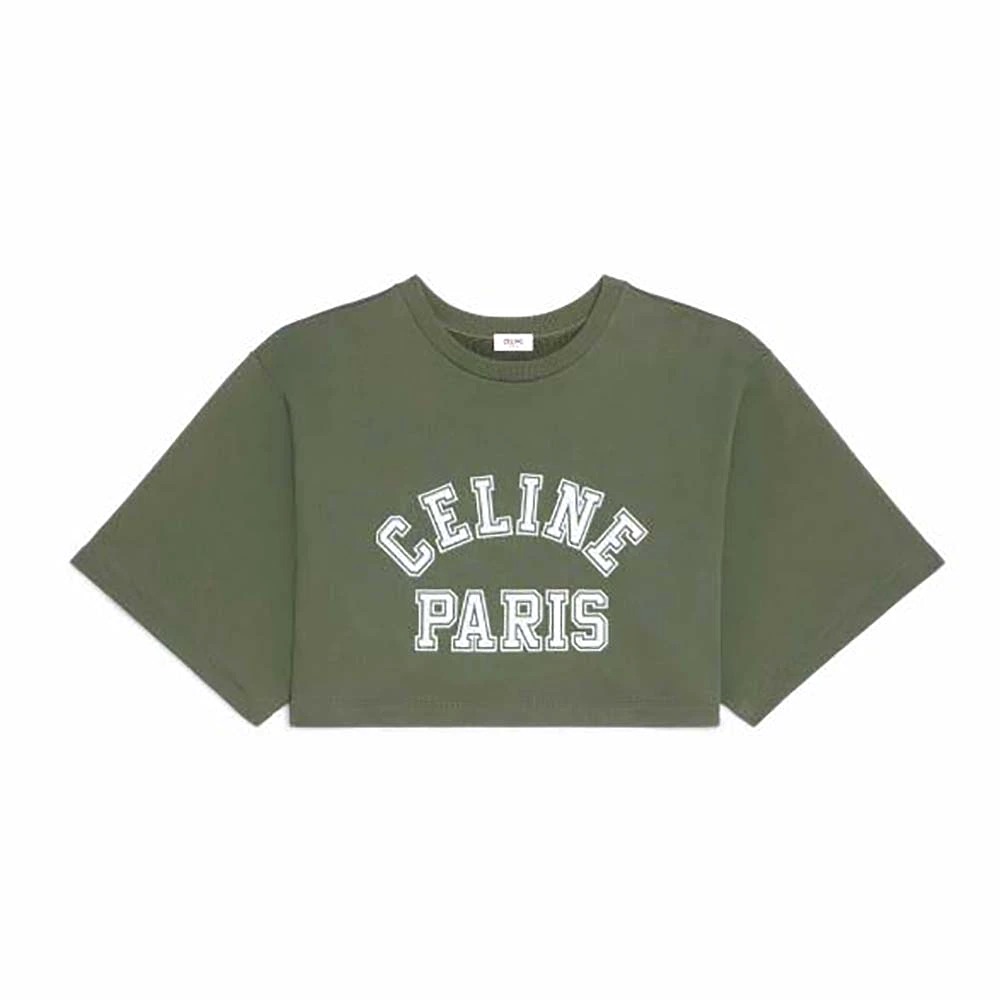 ÁO Celine Women Cropped Celine T-shirt in Cotton Fleece-Green