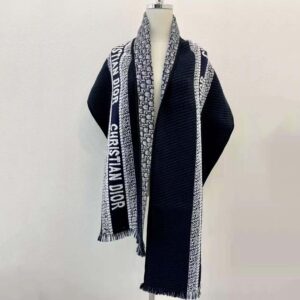 KHĂN Dior Women Oblique University Reversible Scarf Navy Blue Wool and Silk