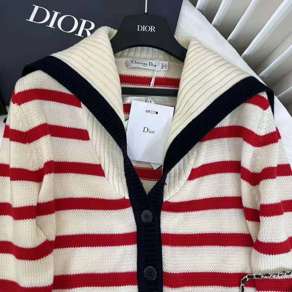 ÁO Dior Women Mariniere Cardigan Red and Ecru D-Stripes Ribbed Wool and Cashmere Knit