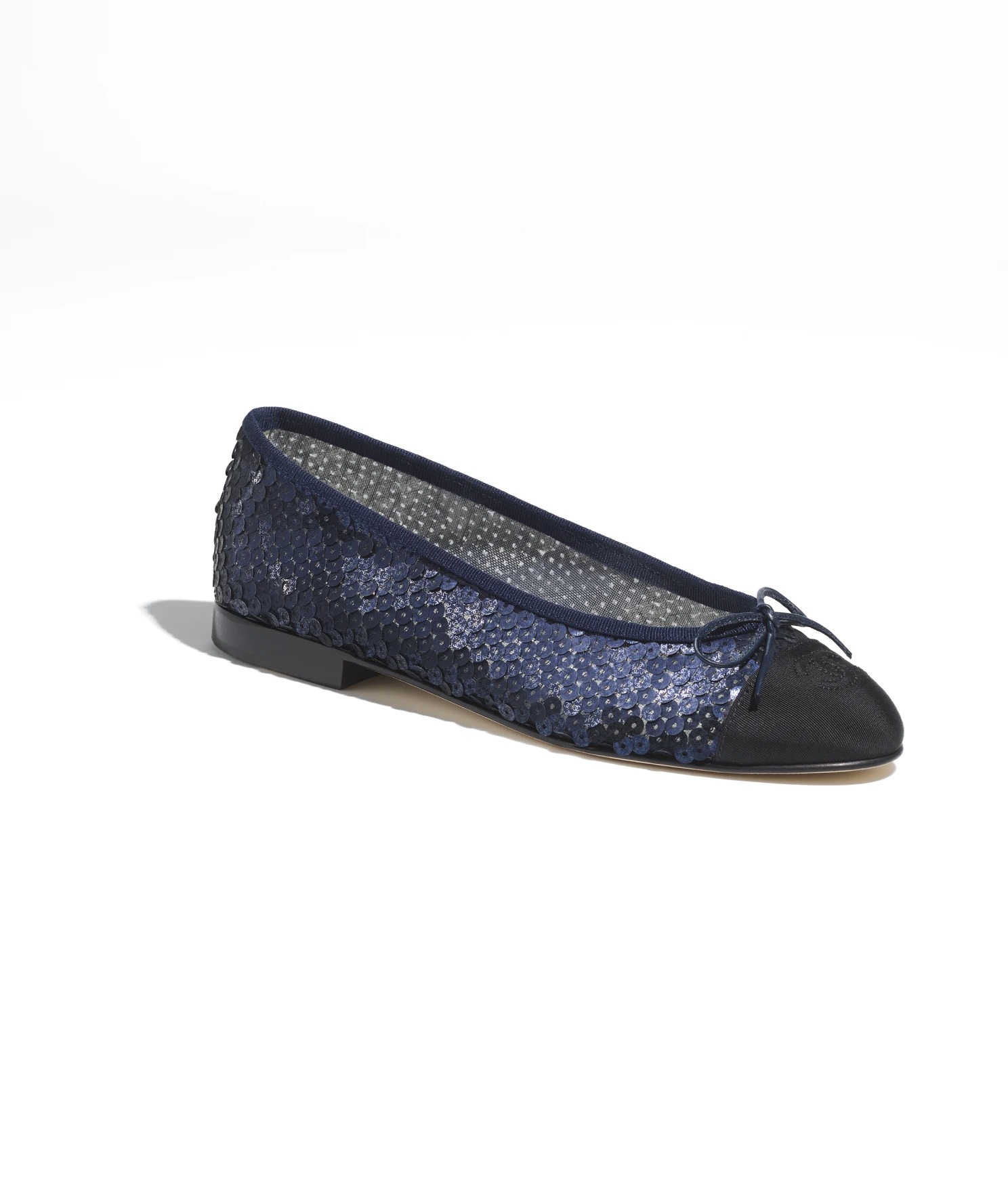 GIÀY CHANEL BALLERINA LOGO Vải Muslin đính sequin Xanh navy & Đen