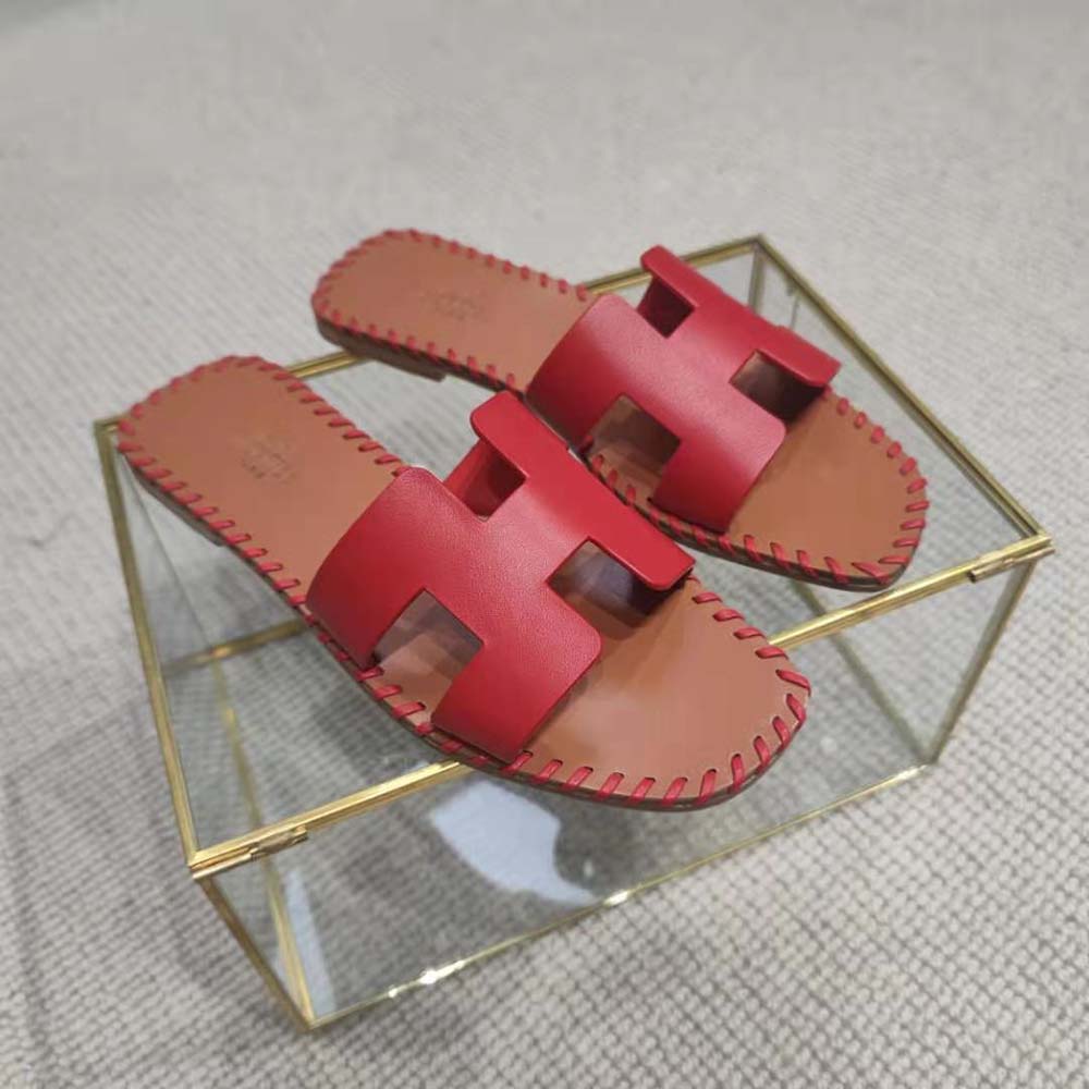 GIÀY Hermes Women Oran Sandal in Braided Calfskin with Iconic H Cut-Out-Red SS2022