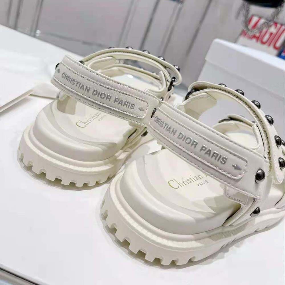 DÉP SANDALS Dior Women Dioract Sandal White Lambskin and Silver-Finish Rivets
