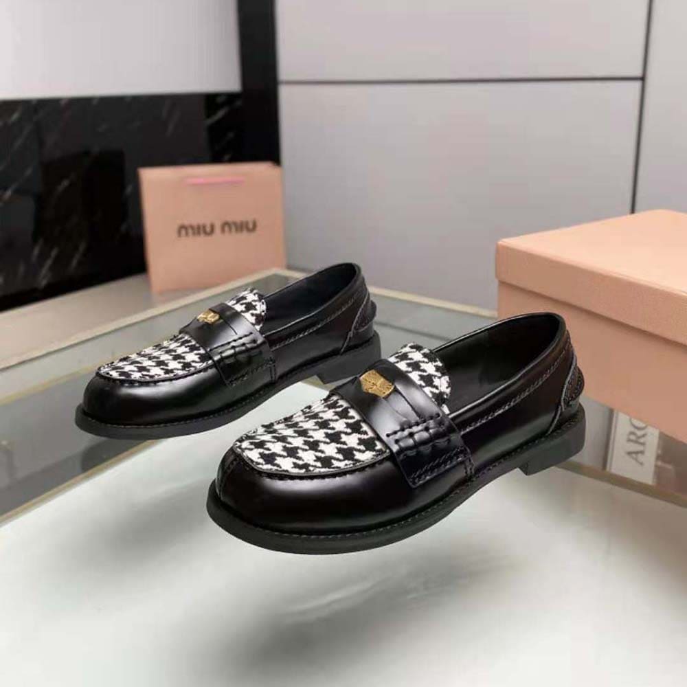 GIÀY Miu Miu Women Brushed Leather and Gingham Check Fabric Loafers