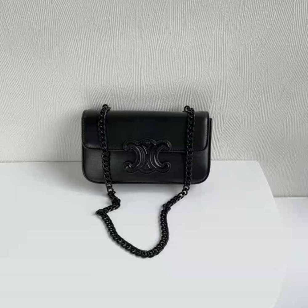 TÚI Celine Women Chain Shoulder Bag Cuir Triomphe in Shiny Calfskin-Black
