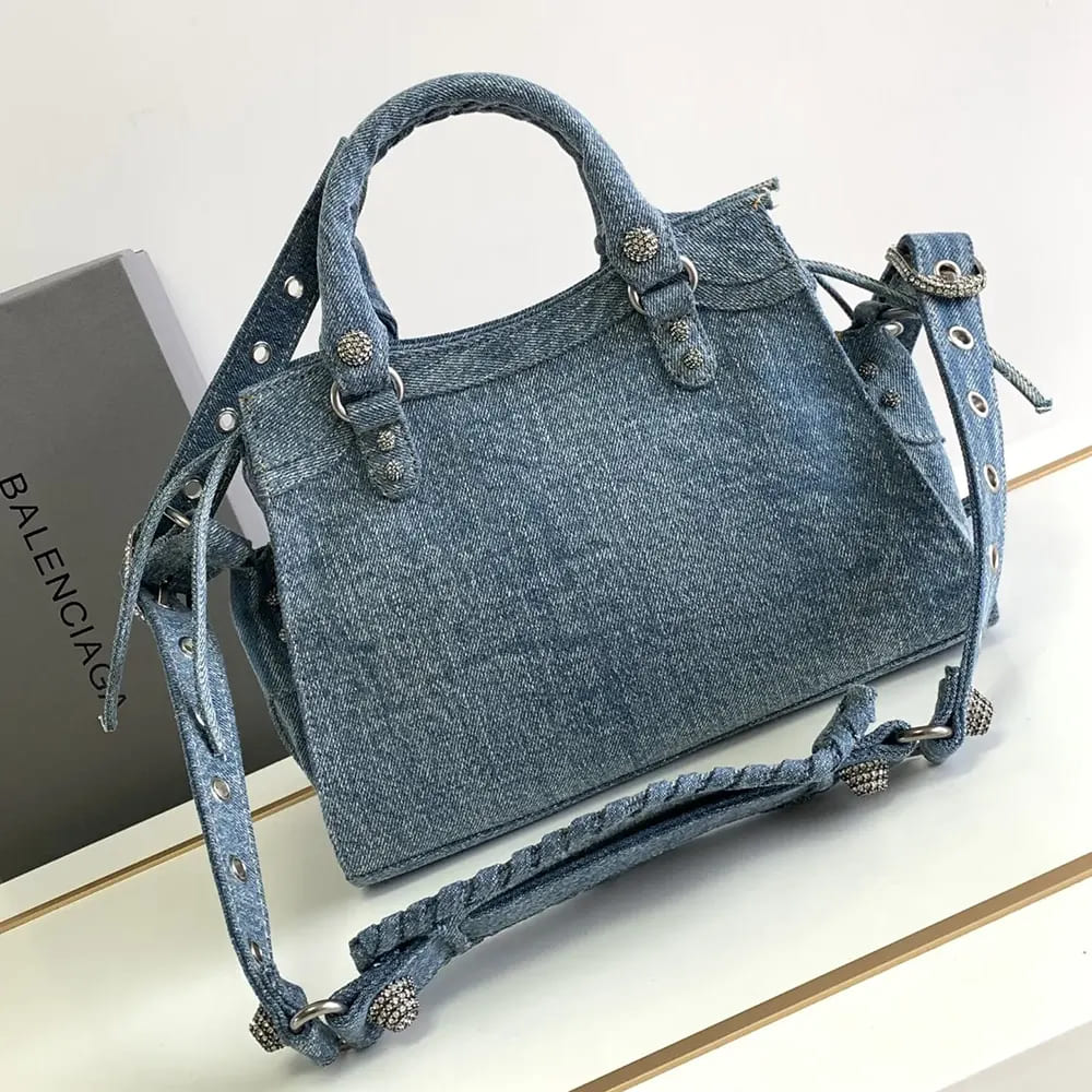 TÚI Balenciaga Women Neo Cagole City Handbag Denim with Rhinestones in Blue