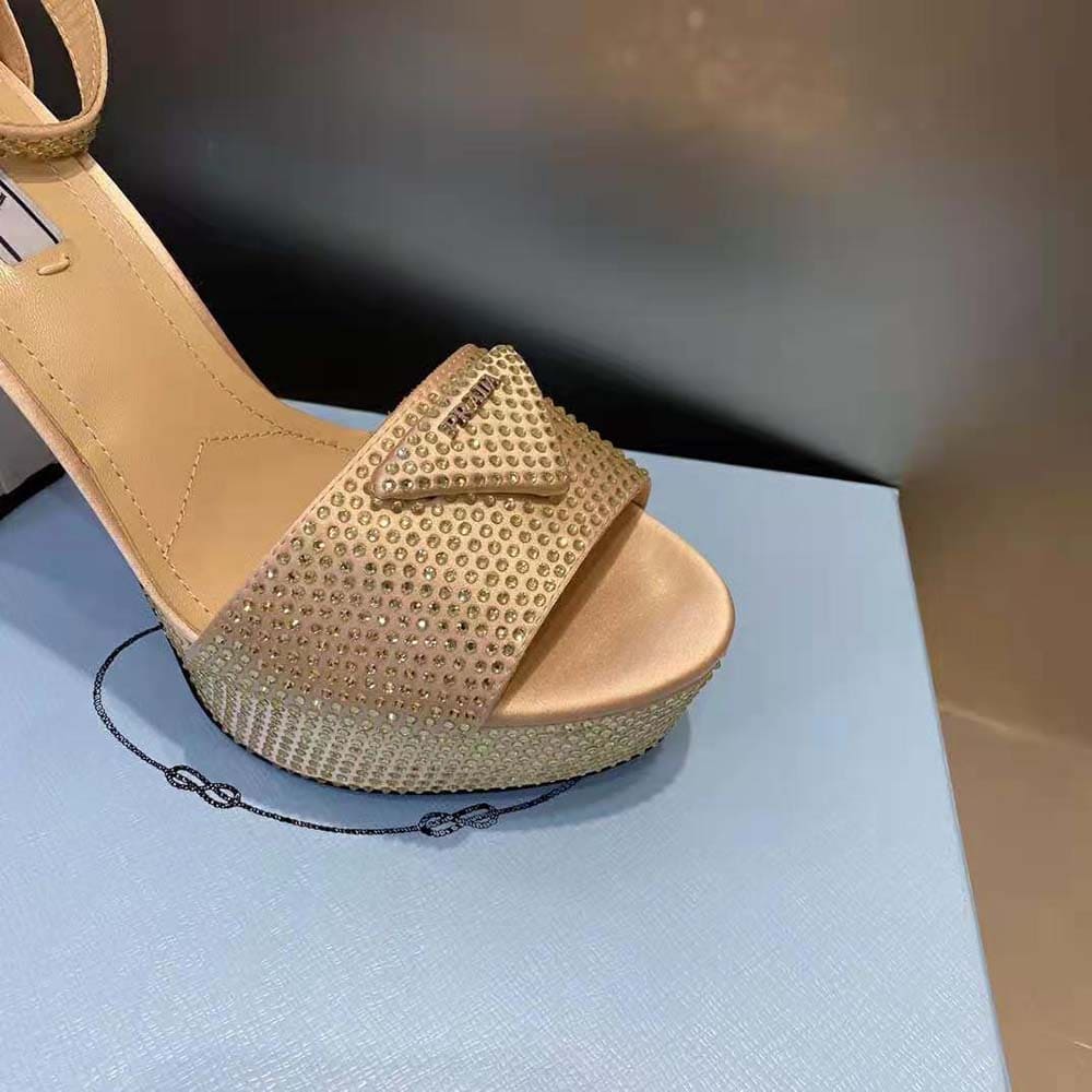 GIÀY Prada Women Satin Platform Sandals with Crystals-Gold