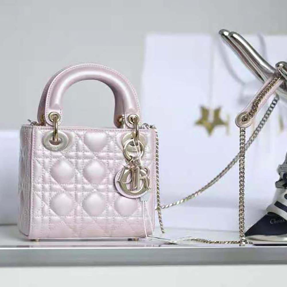 Túi Dior Women Mini Lady Dior Bag Pearlescent Cannage Lambskin-Pink