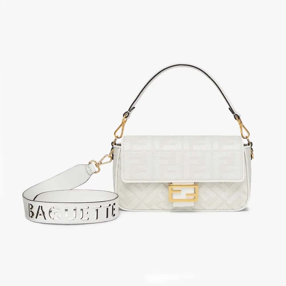 TÚI Fendi Women Baguette White Denim có thêu họa tiết FF