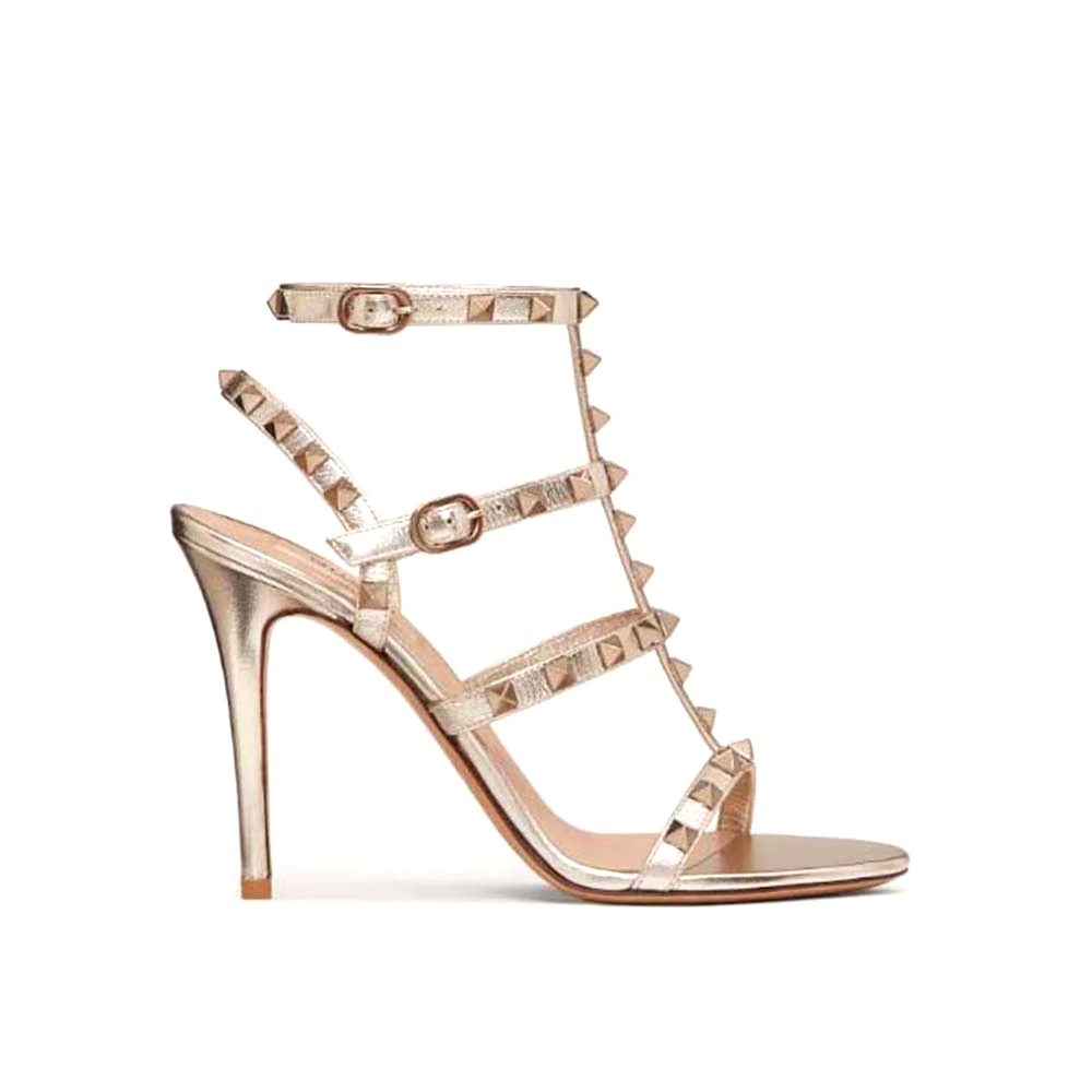 GIÀY Valentino Rockstud Metallic Calfskin Leather Ankle Strap Sandal 100 mm