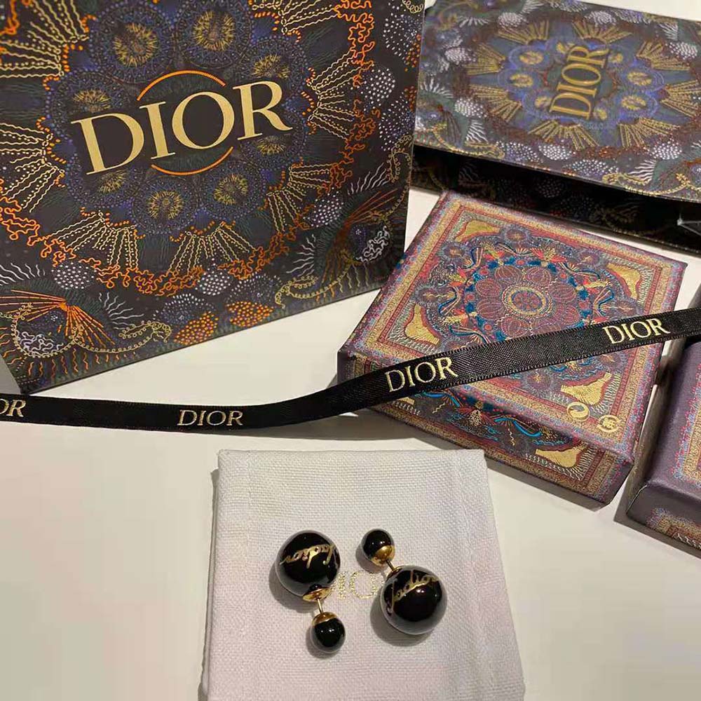 BÔNG TAI Dior Women Tribales Earrings Antique Gold-Finish Metal and Black Lacquer Pearls