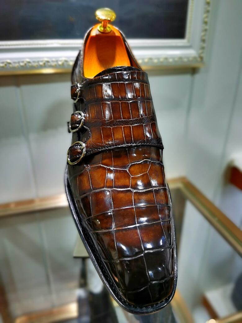 Giày lười Triple Monk Strap Slip-on Loafer Cap Toe da cá sấu được làm thủ công