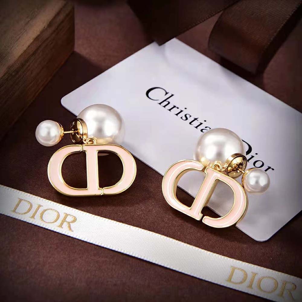 Bông tai Dior Tribales Earrings Gold-Finish Metal and White Resin Pearls with Sand Pink Lacquer