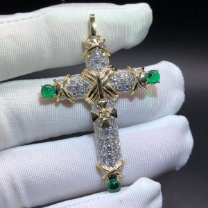 Vòng cổ Tiffany & Co Schlumberger dây chuyền hình chữ thập bạch kim với kim cương và ngọc lục bảo vàng hồng 18K