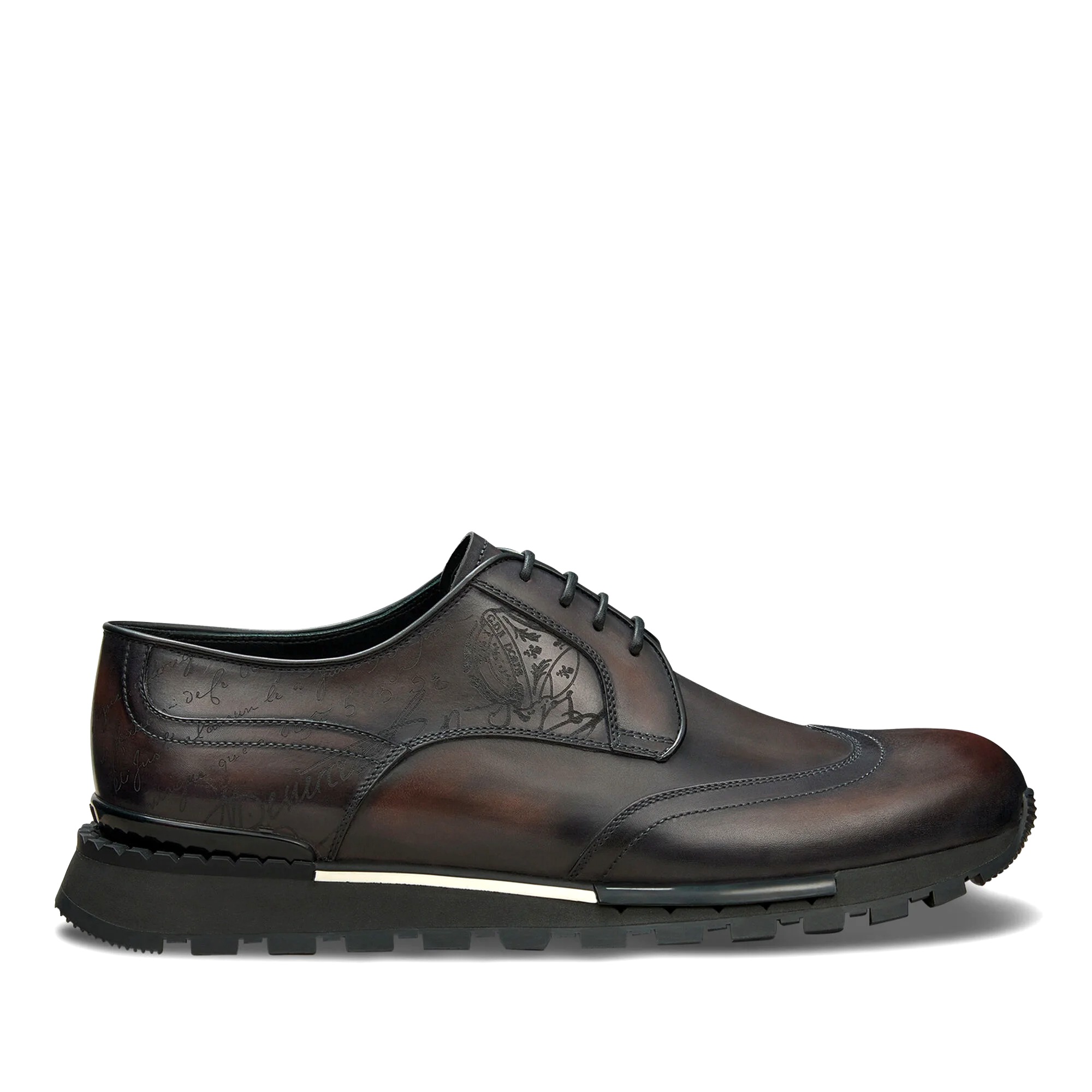 GIÀY BERLUTI Fast Track Scritto Leather Sneaker Charcoal Brown