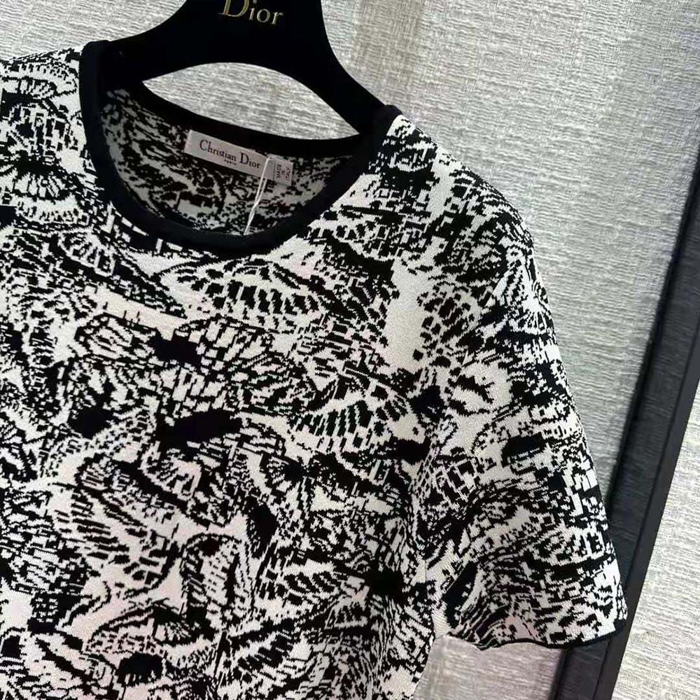 VÁY Dior Straight Dress Black and White Technical Jacquard with Allover Butterfly Motif