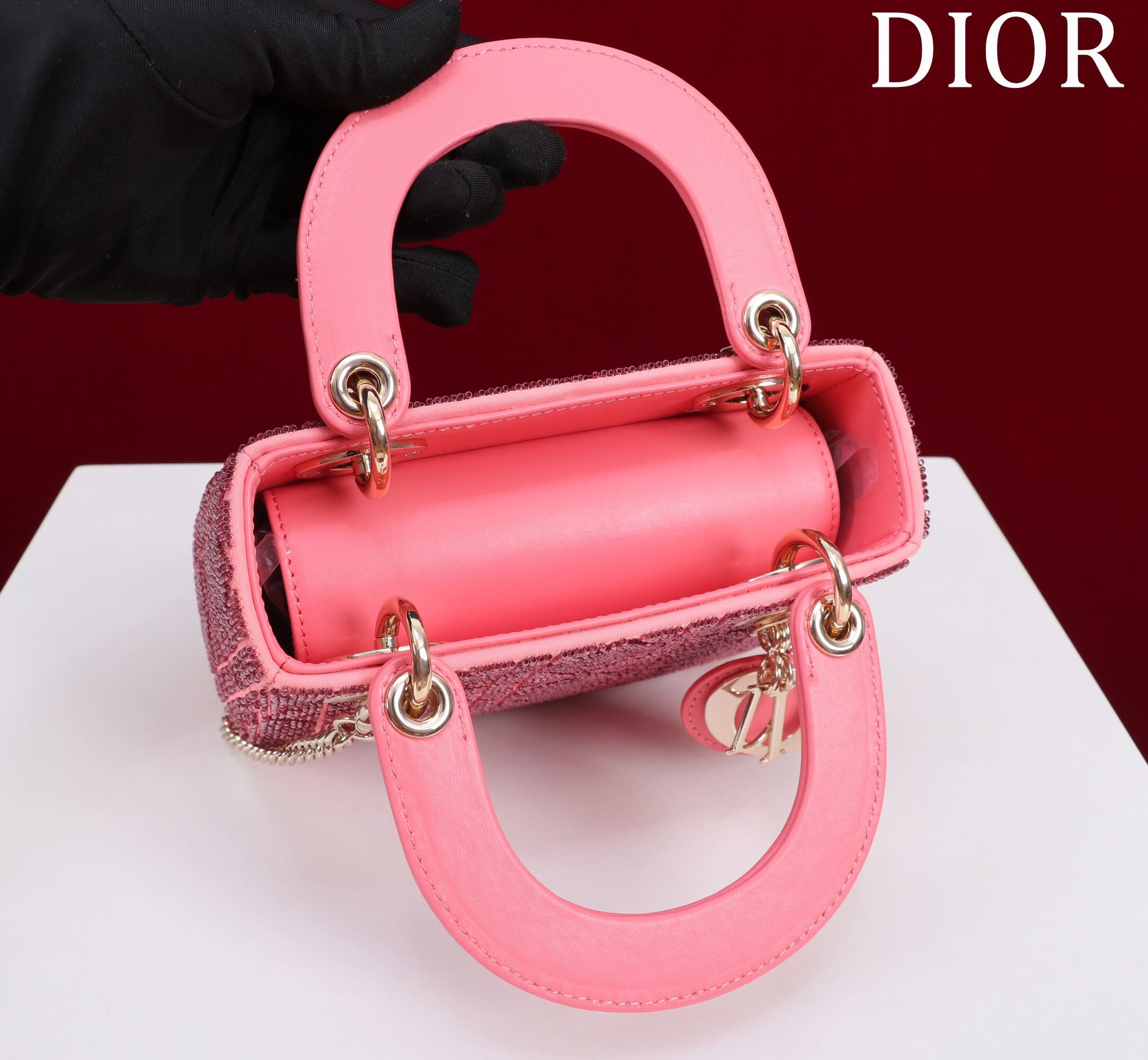 TÚI CHRISTIAN DIOR LADY DIOR Cannage Calfskin with Platinum Beaded Embroidery Pink